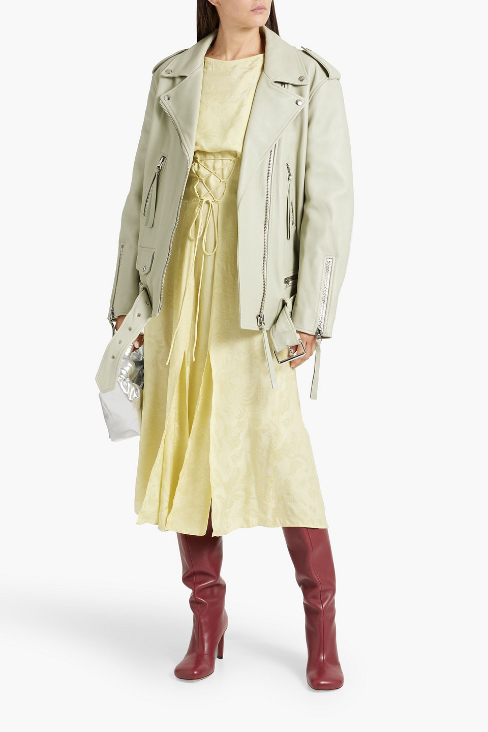 Acne Studios Leather Biker Jacket In Sage Green