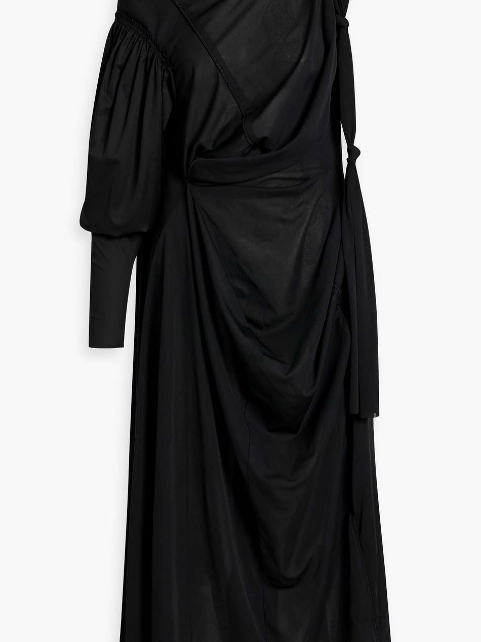one-sleeve crepe and sateen midi dress