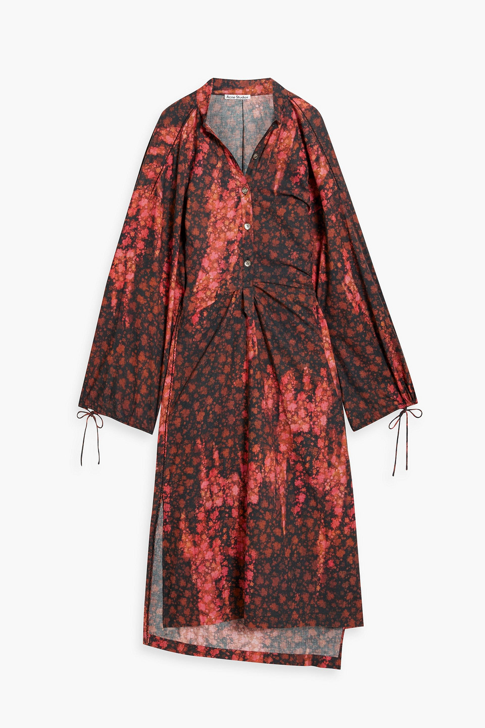 Draped floral-print cotton midi dress