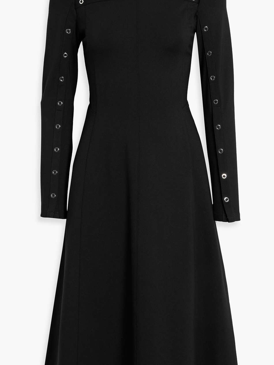 gathered snap-detailed ponte midi dress