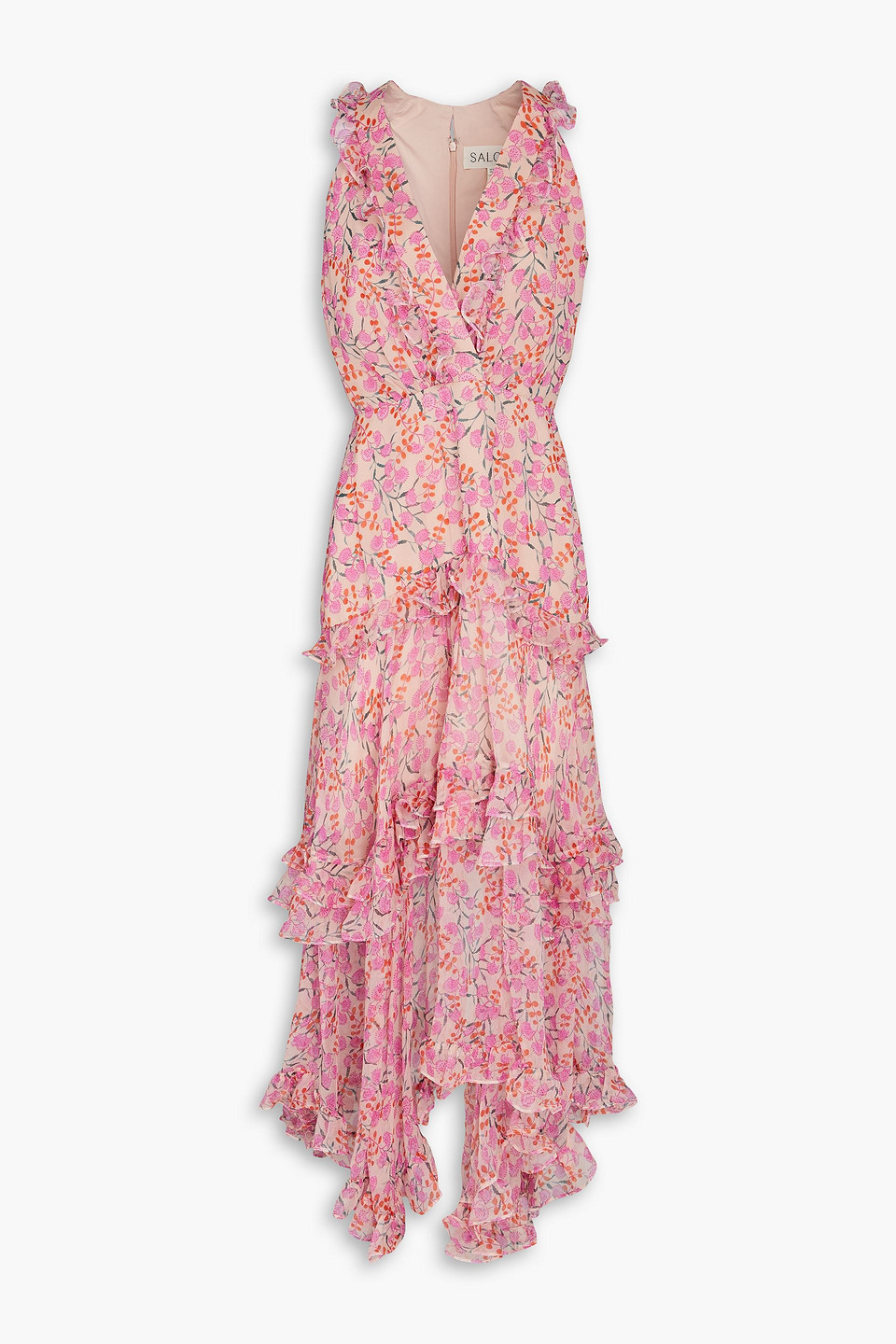 Saloni Wrap-effect Ruffled Floral-print Silk-crepon Midi Dress In Rougefarben