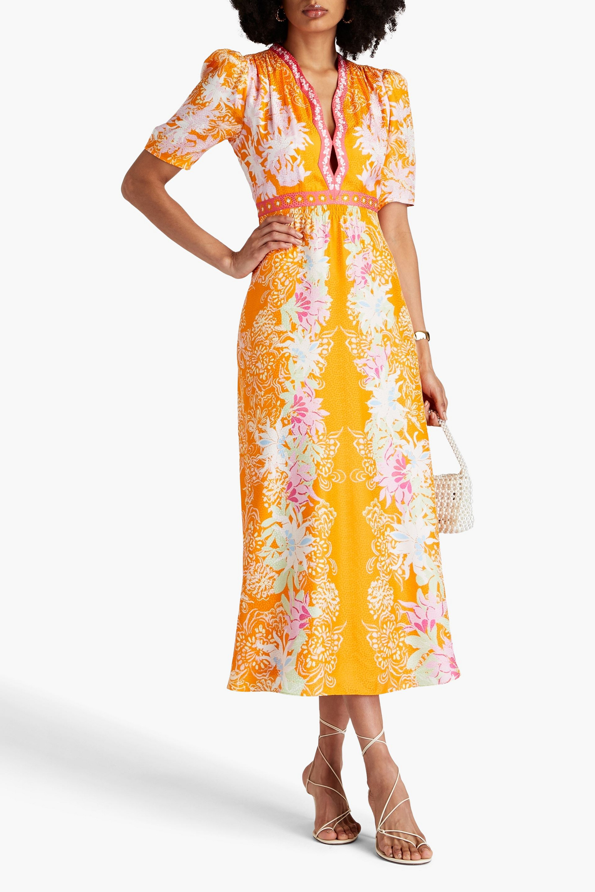Saloni Tabitha printed silk-satin jacquard midi dress
