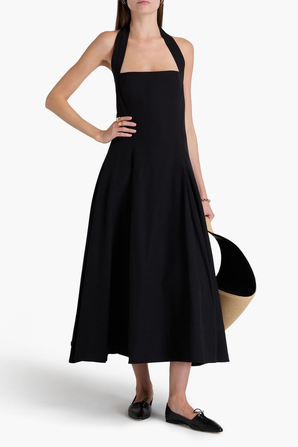 KHAITE Lalita pleated cotton-blend twill halterneck midi dress