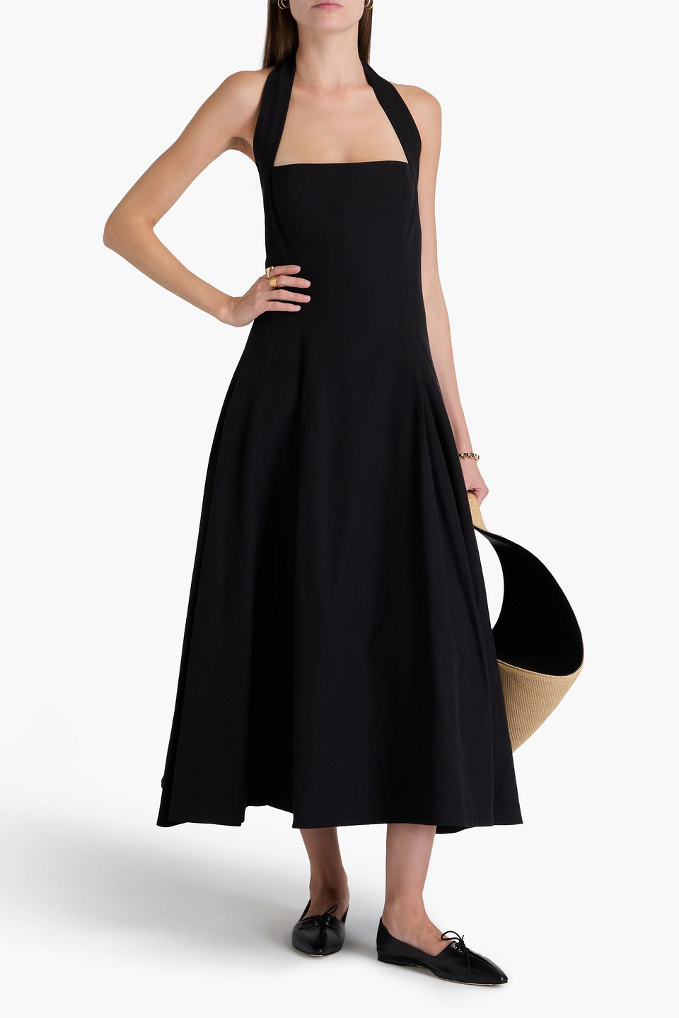Khaite Pleated Cotton-blend Twill Halterneck Midi Dress In Black