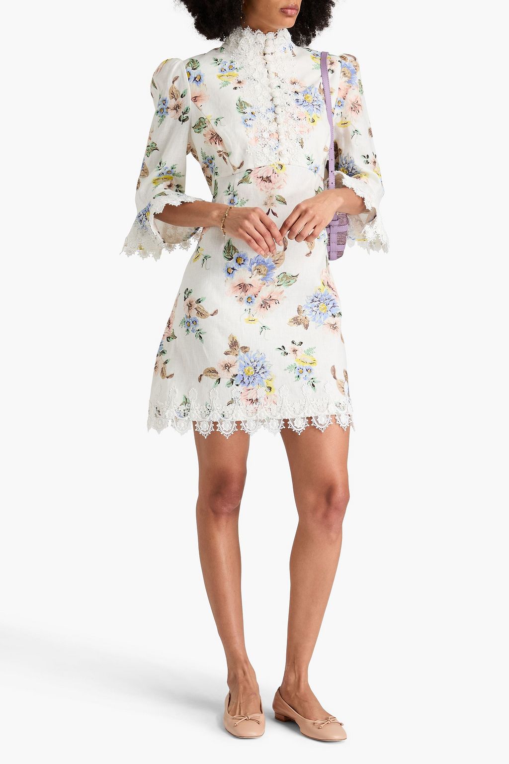 ZIMMERMANN リネン ミニワンピース レーストリム フローラルプリント