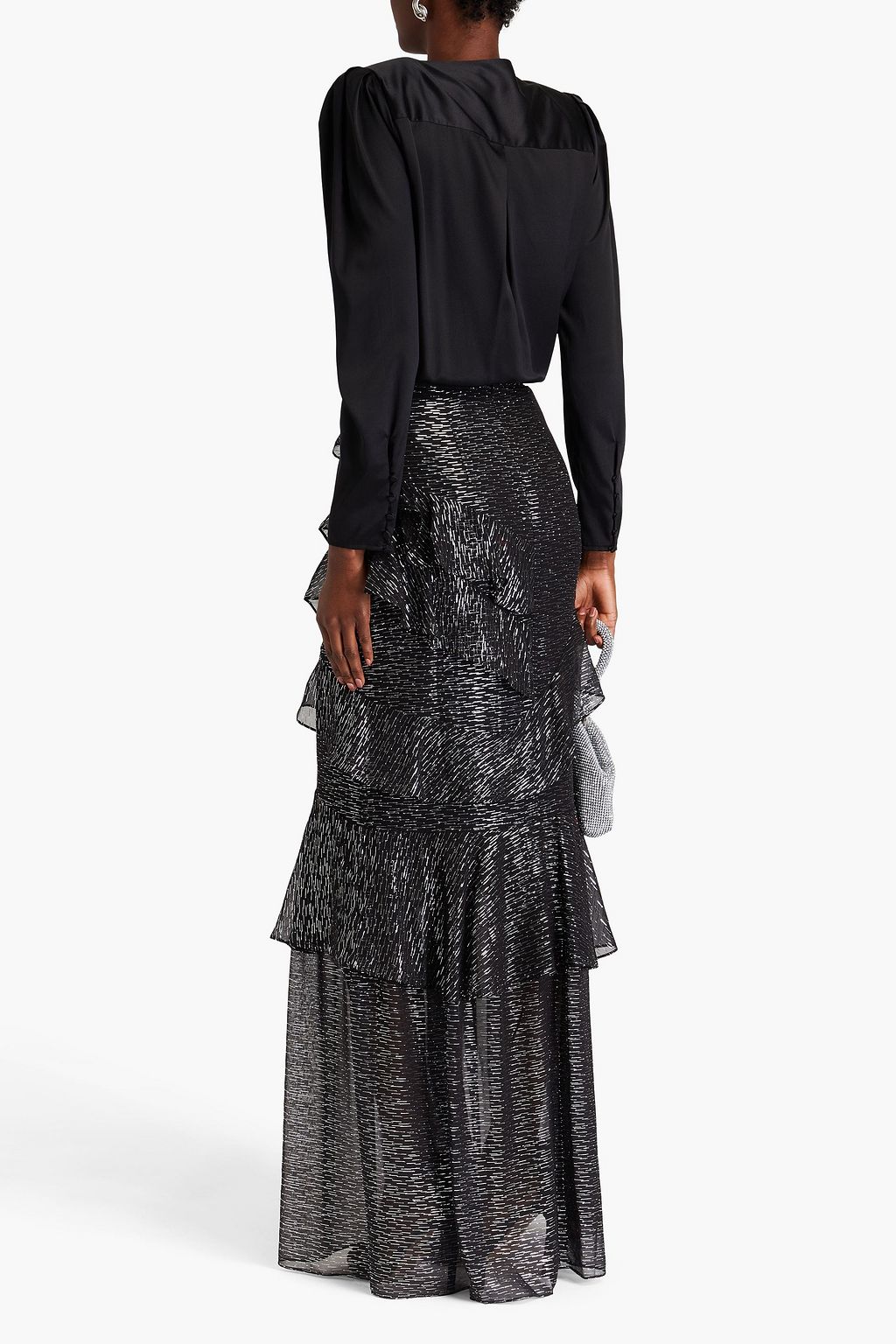SALONI Ruffled metallic fil coupé silk-blend maxi skirt