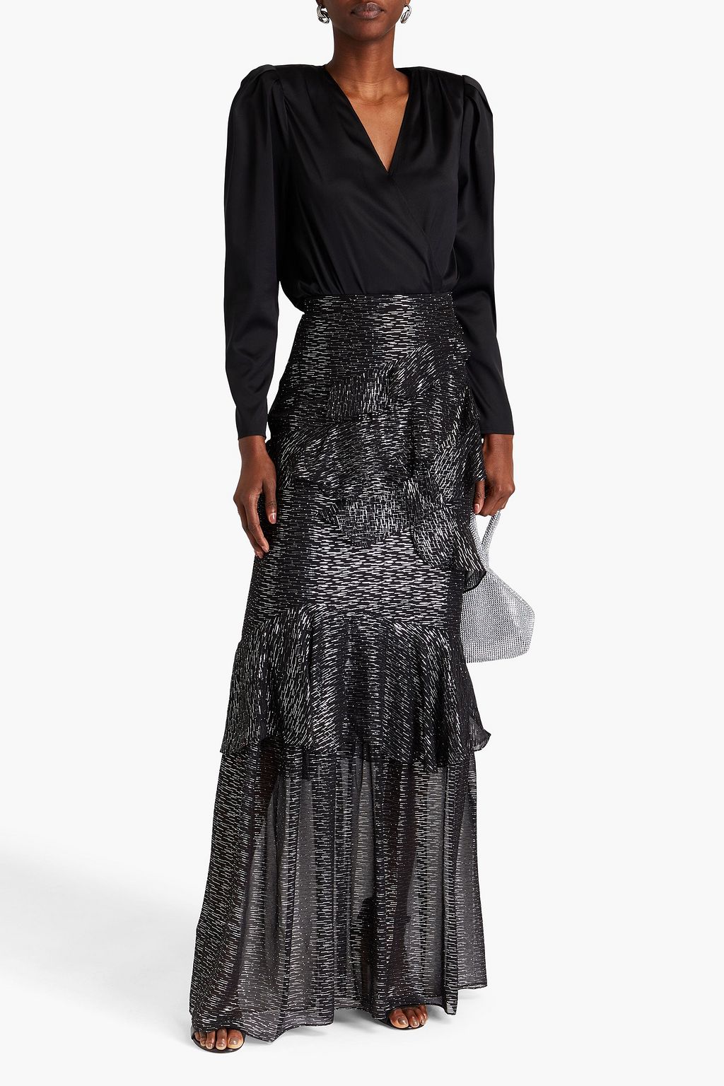 SALONI Ruffled metallic fil coupé silk-blend maxi skirt