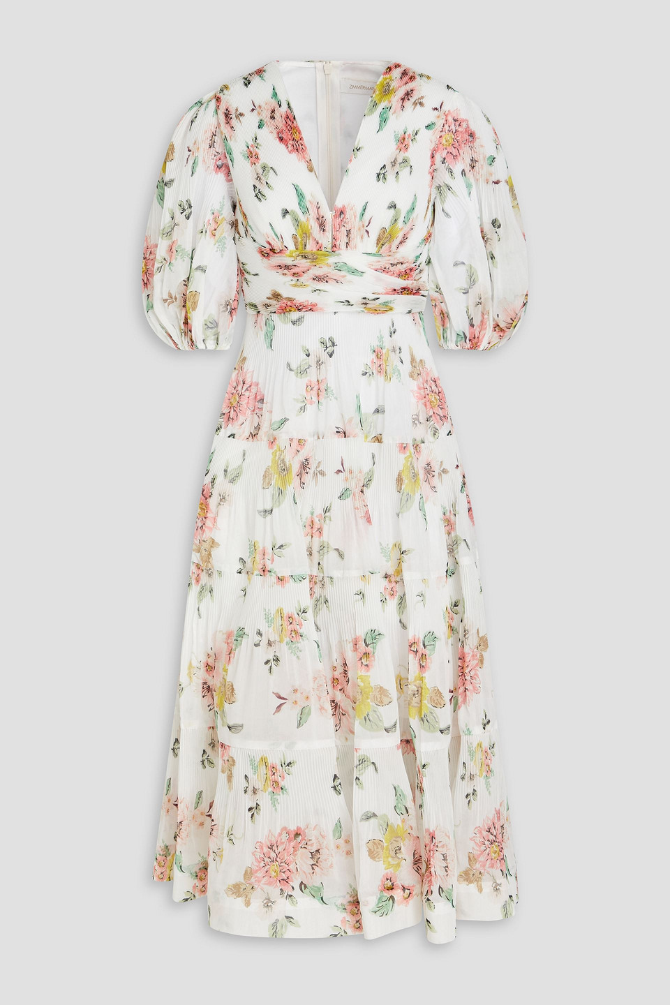 Shop Zimmermann Tiered Floral-print Plissé-organza Midi Dress In White