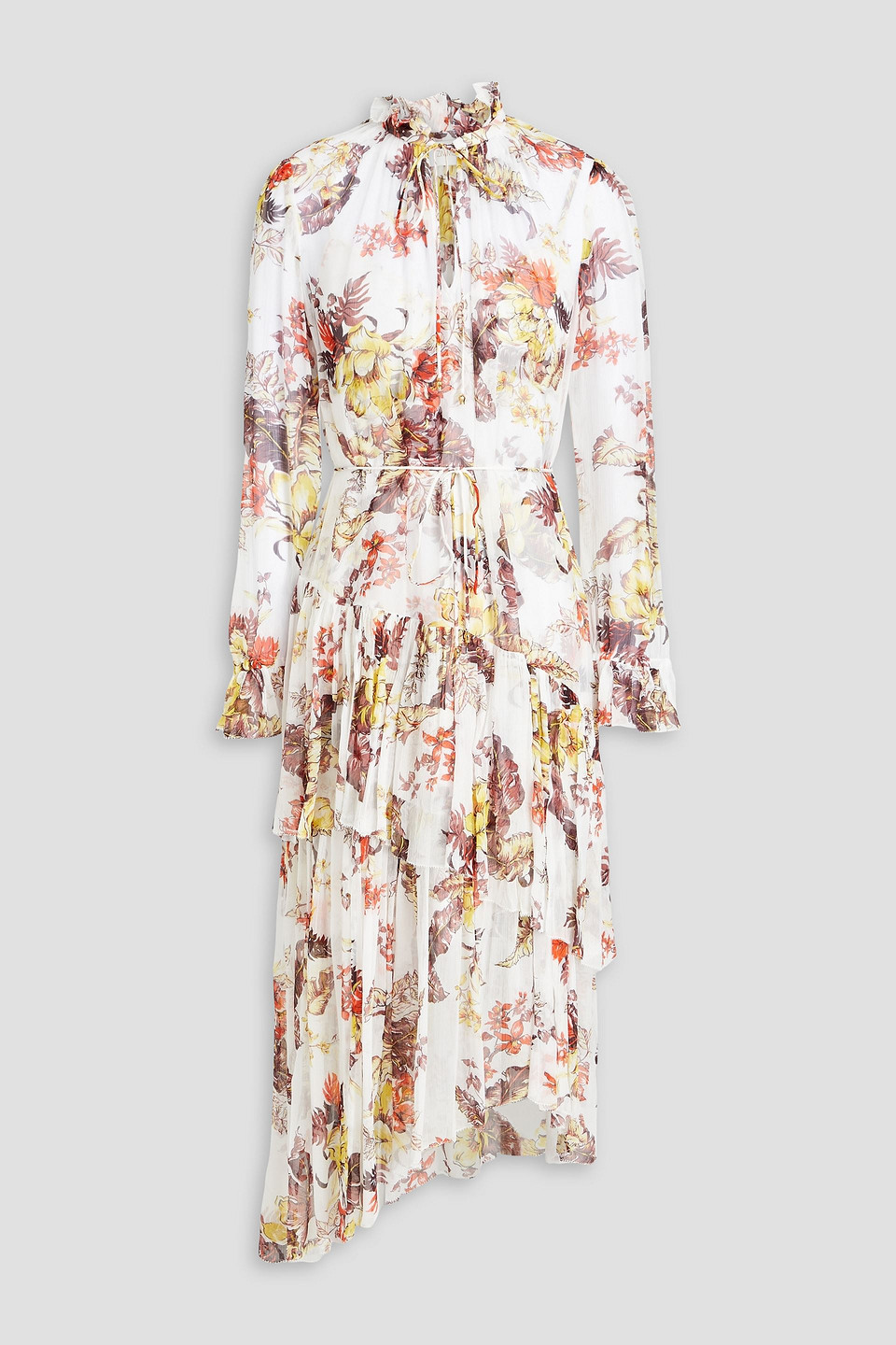Shop Zimmermann Tiered Printed Crepon Midi Dress In Off-white