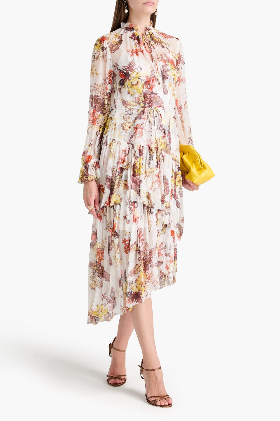 Shop Zimmermann Tiered Printed Crepon Midi Dress In Off-white