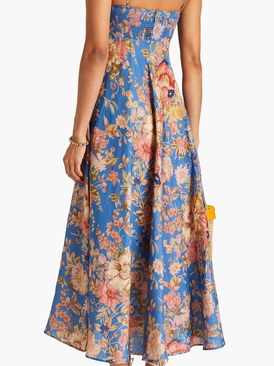 floral-print linen midi dress