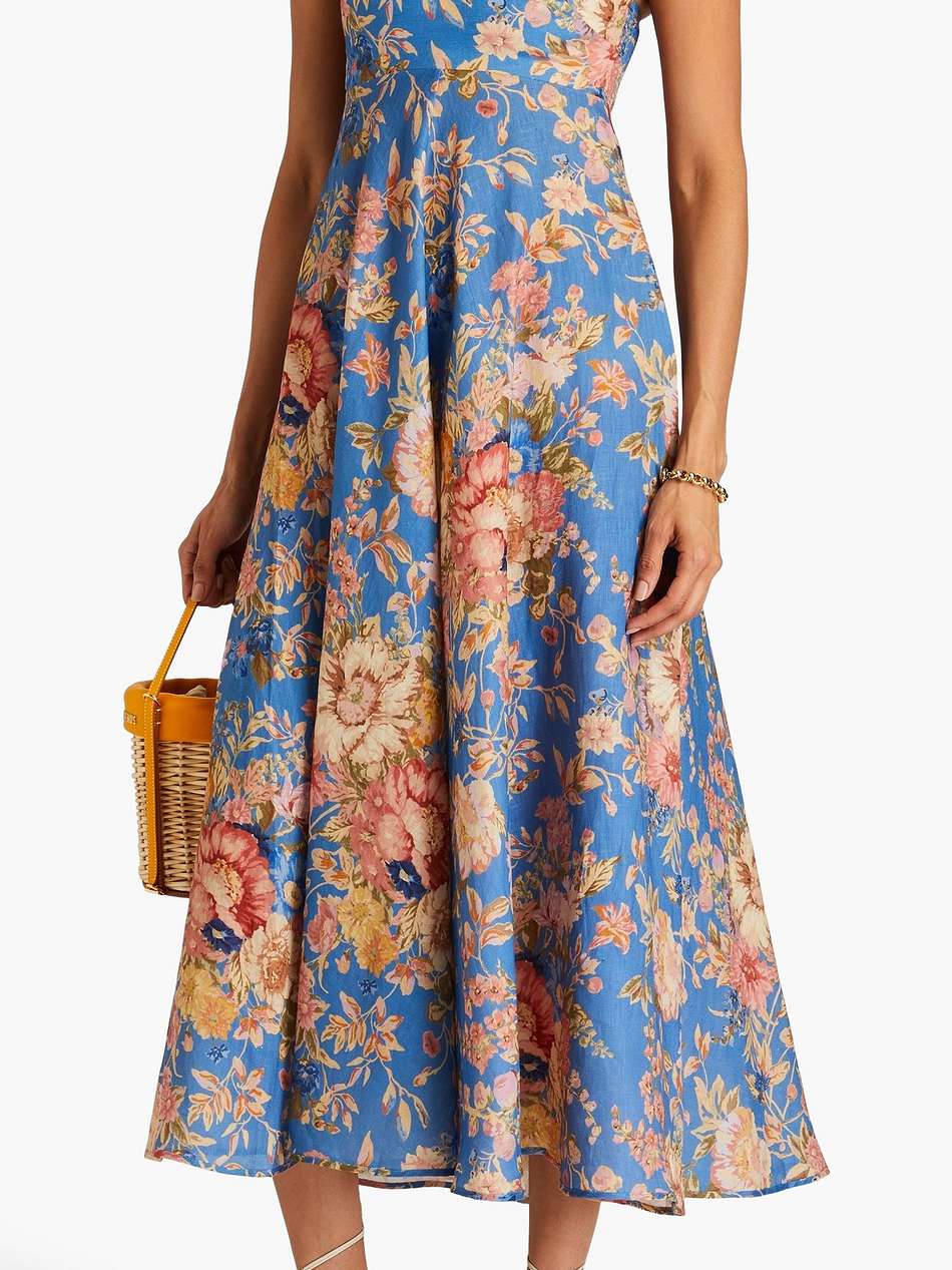 floral-print linen midi dress