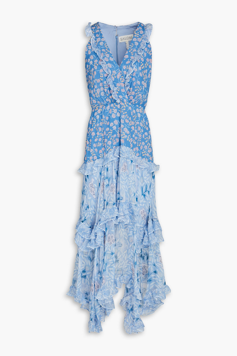Saloni Ruffled Floral-print Silk-crepon Midi Dress In Bleu