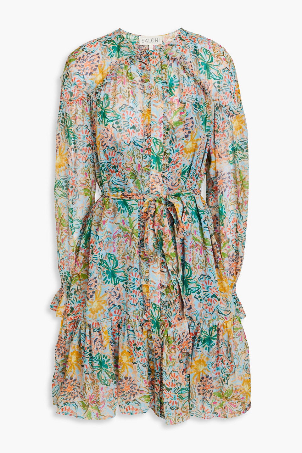 Saloni Pixie Ruffled Floral-print Silk-chiffon Mini Dress In Sky Blue