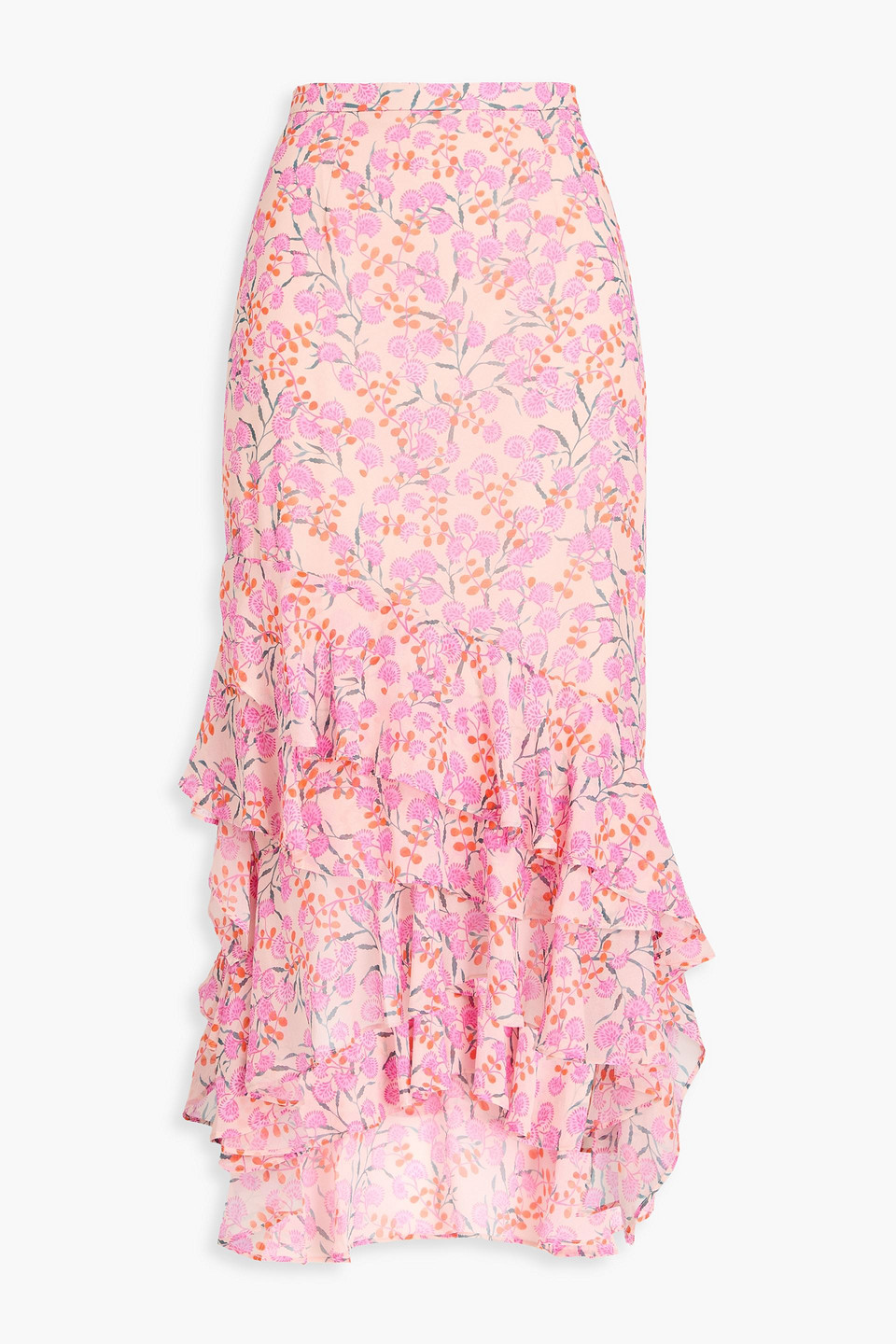 Saloni Lita Ruffled Floral-print Silk-chiffon Midi Skirt In Pink