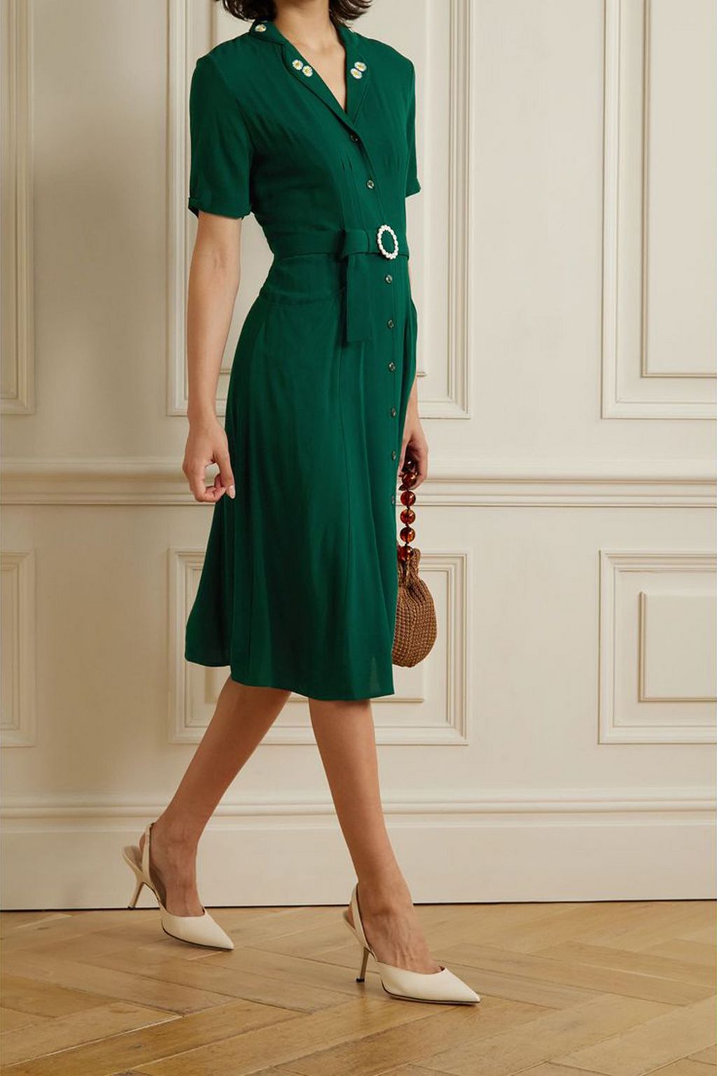 HVN Maria belted embroidered crepe midi dress