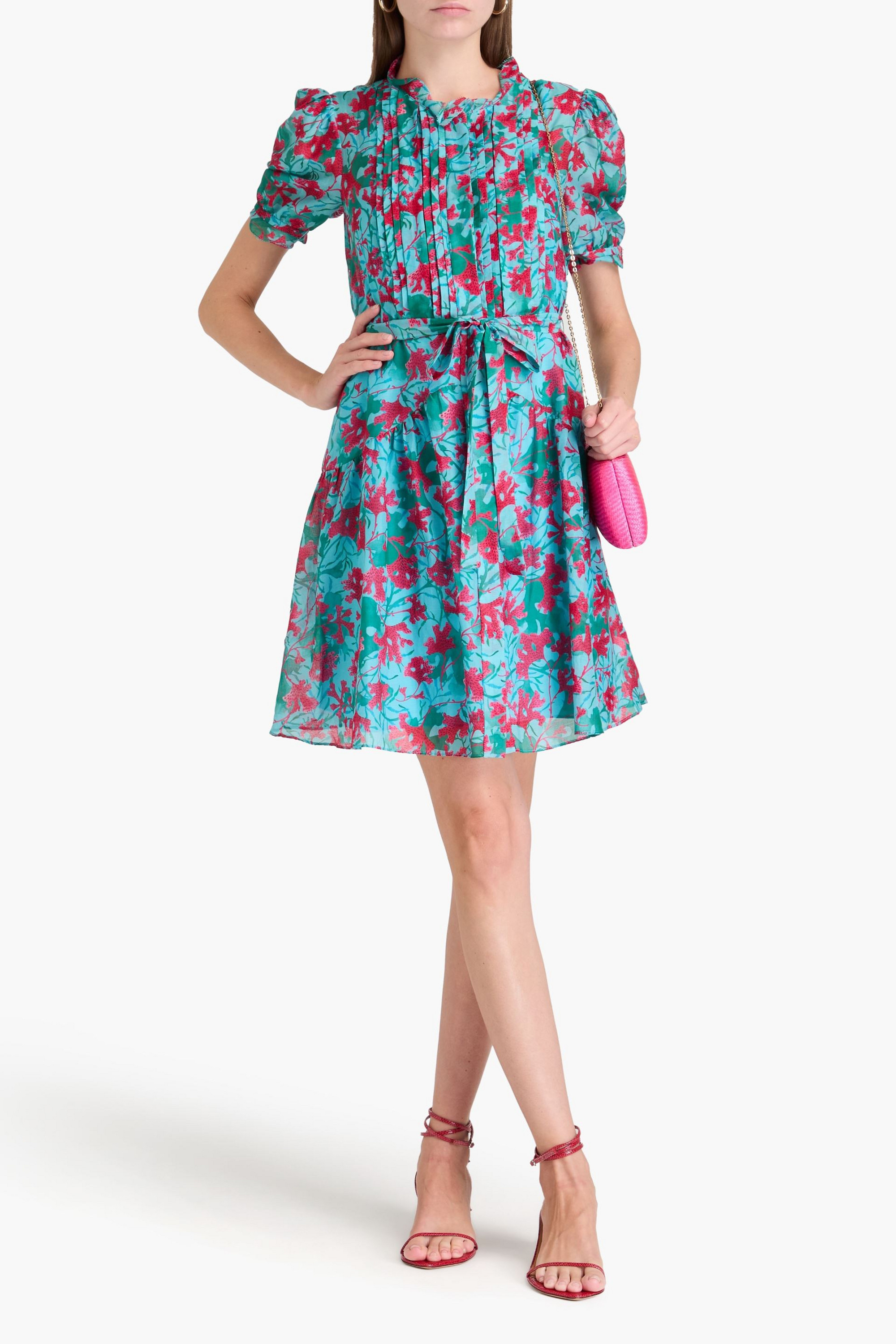 Saloni Penny belted printed cotton and silk-blend voile mini dress