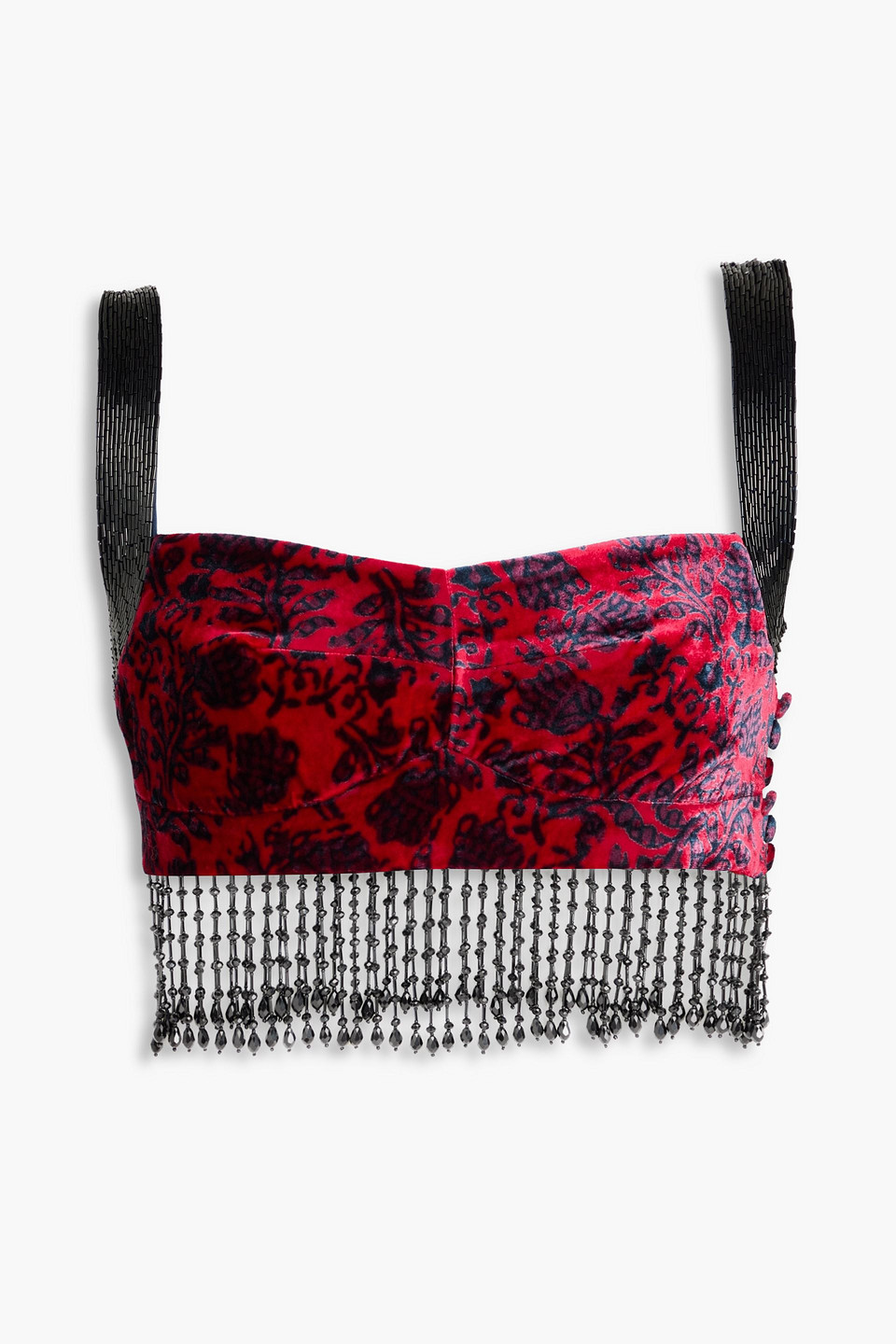 Saloni Cropped Fringed Bead-embellished Printed Velvet Top In Red