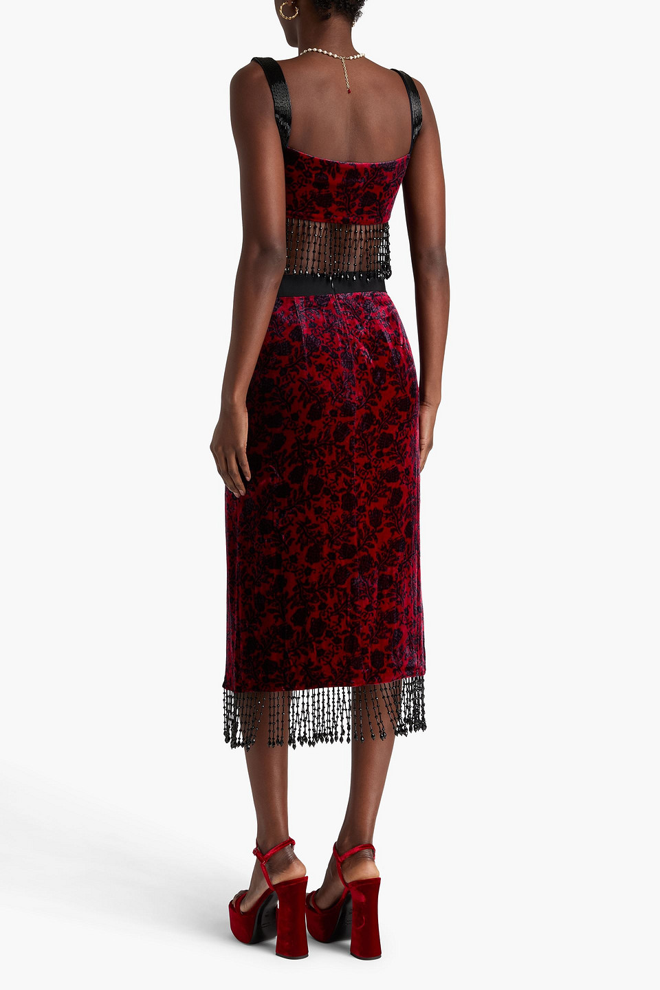 SALONI KIRSTEN FRINGED PRINTED VELVET MIDI SKIRT