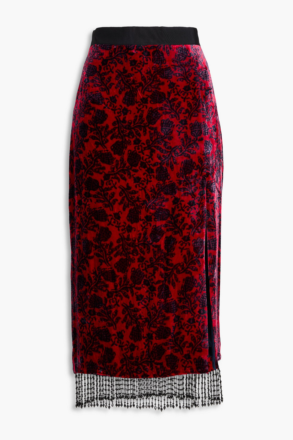 Saloni Fringed Bead-embellished Printed Velvet Midi Skirt In Crimson