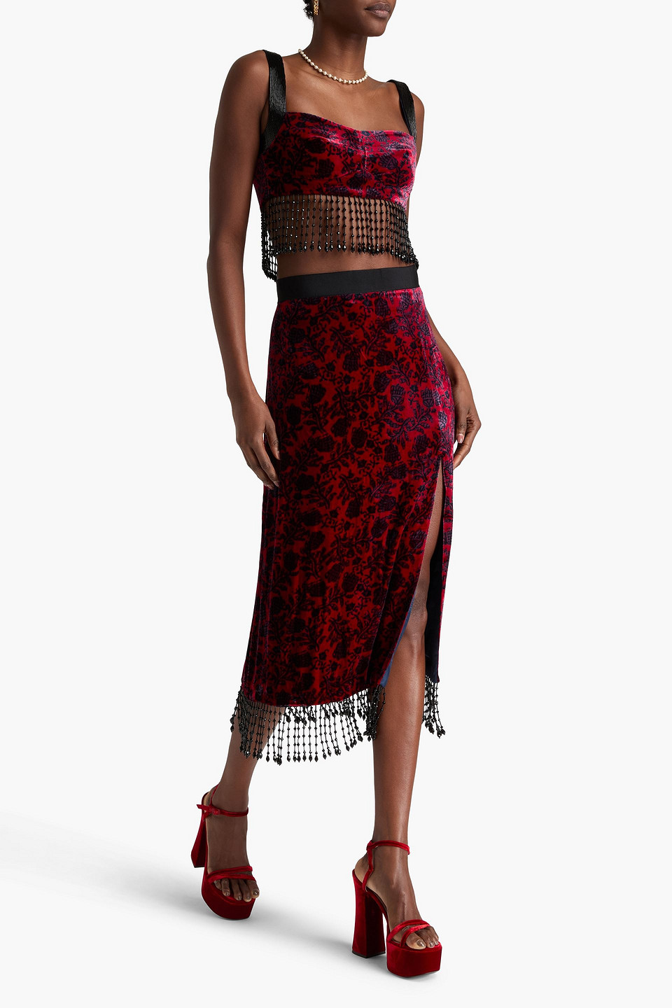 SALONI KIRSTEN FRINGED PRINTED VELVET MIDI SKIRT