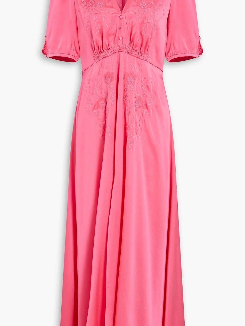 lea long b embroidered silk-satin midi dress