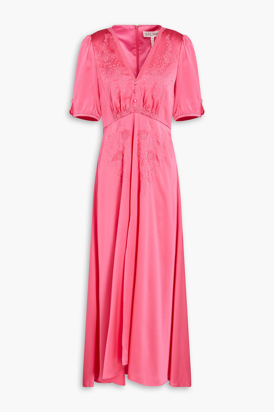 Saloni Lea Long B Embroidered Silk-satin Midi Dress In Pink