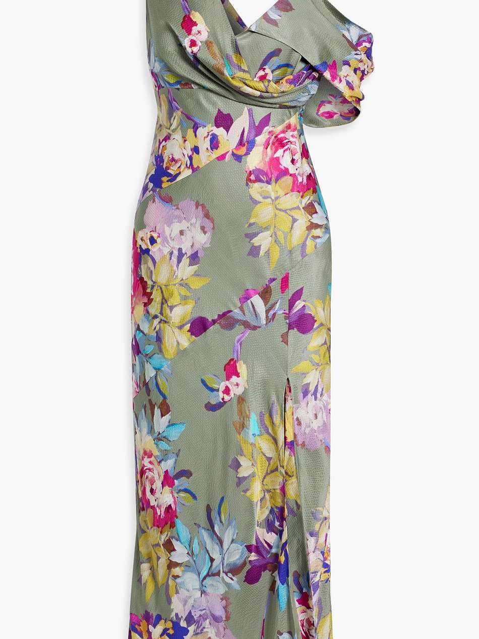 draped floral-print satin-crepe midi dress