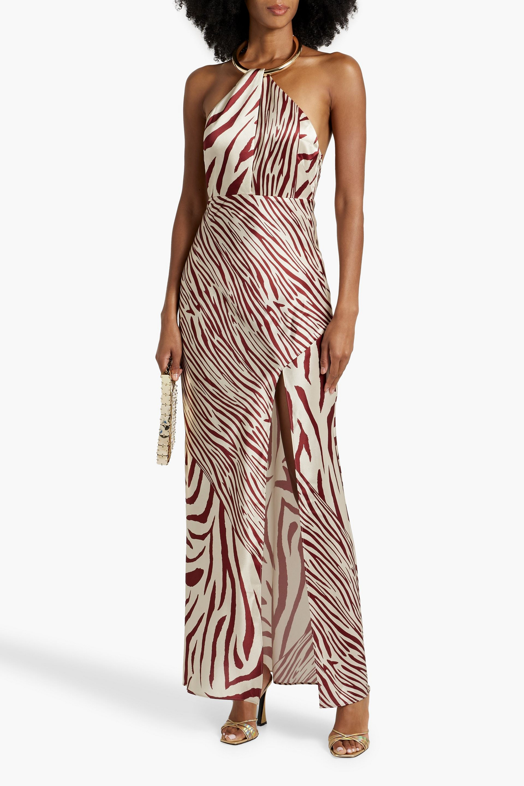 NICHOLAS Embellished tiger-print satin halterneck gown