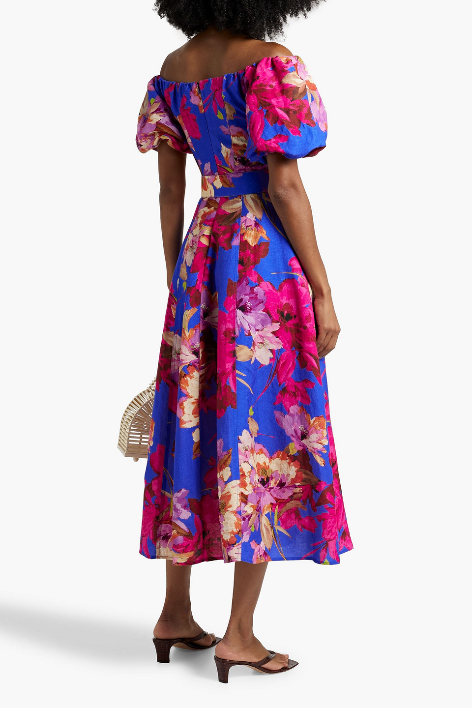 Nicholas Off-the-shoulder Floral-print Linen-blend Midi Dress In Bright Blue