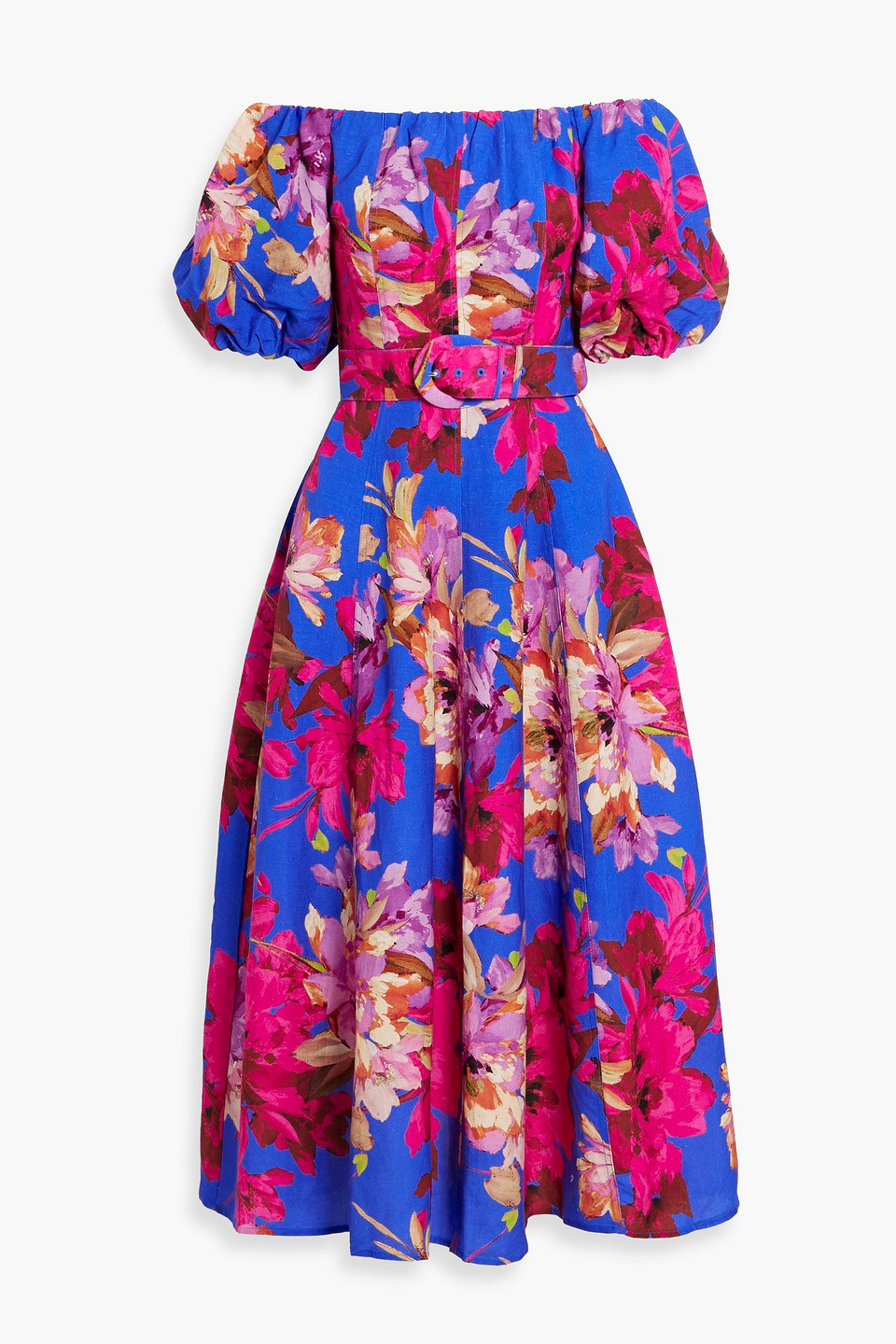Nicholas Off-the-shoulder Floral-print Linen-blend Midi Dress In Bright Blue