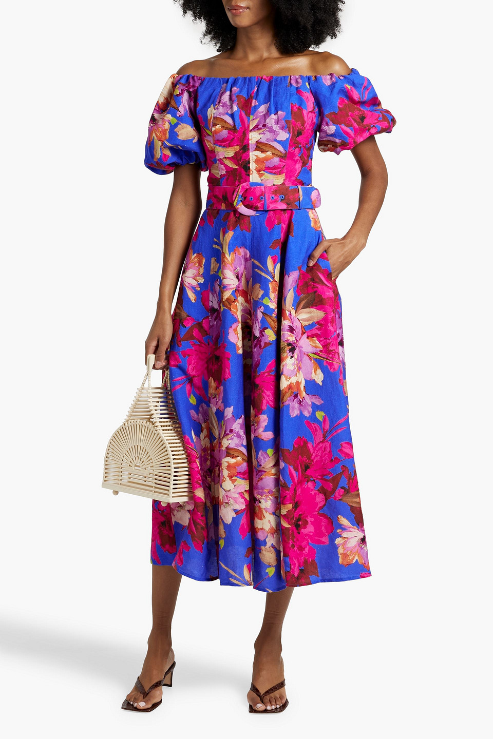 Nicholas Off-the-shoulder Floral-print Linen-blend Midi Dress In Bright Blue