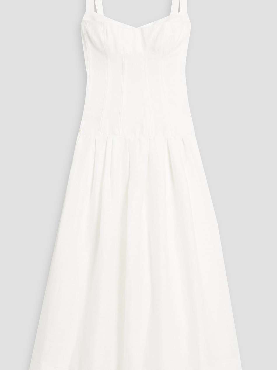 gathered linen midi dress