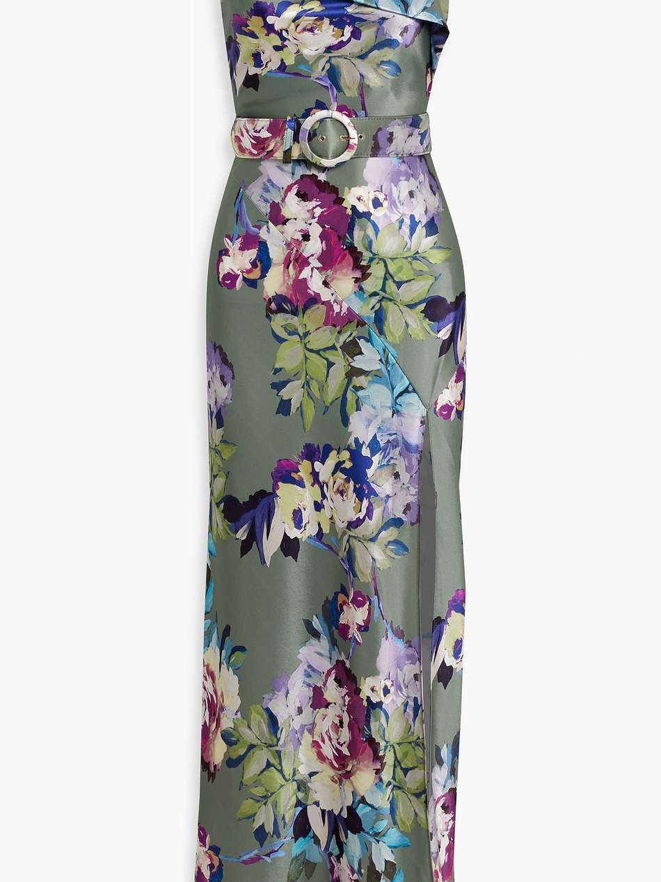 belted floral-print satin gown