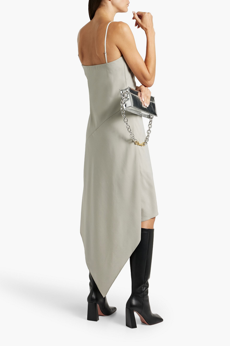 Helmut Lang Asymmetric Hem Wool Dress In Metallic
