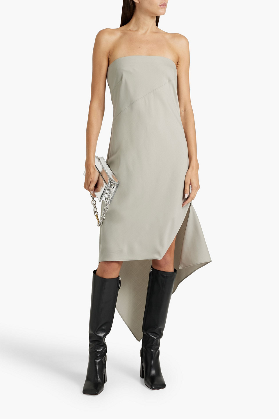Helmut Lang Asymmetric Hem Wool Dress In Metallic