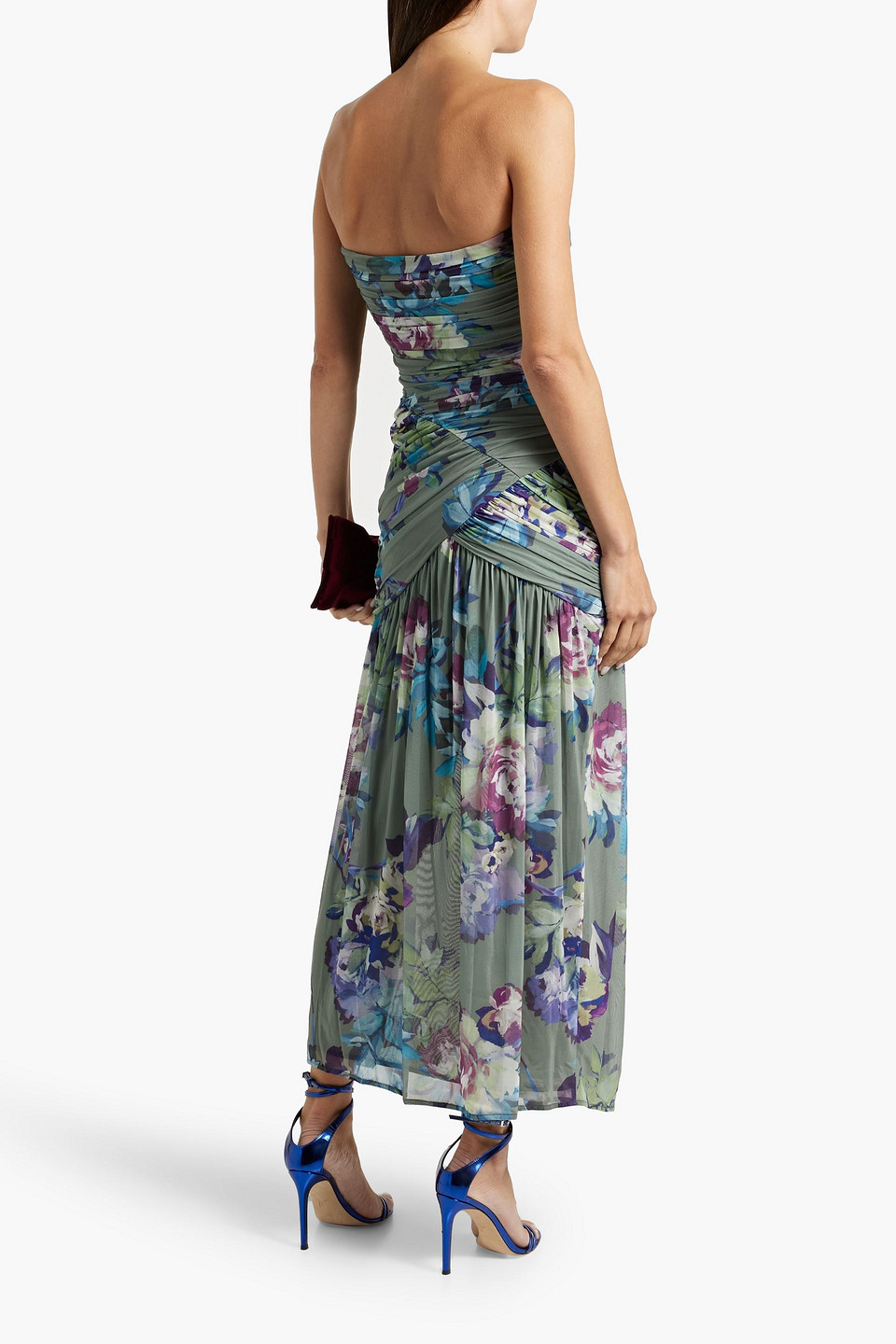 NICHOLAS STRAPLESS FLORAL-PRINT STRETCH-TULLE MIDI DRESS