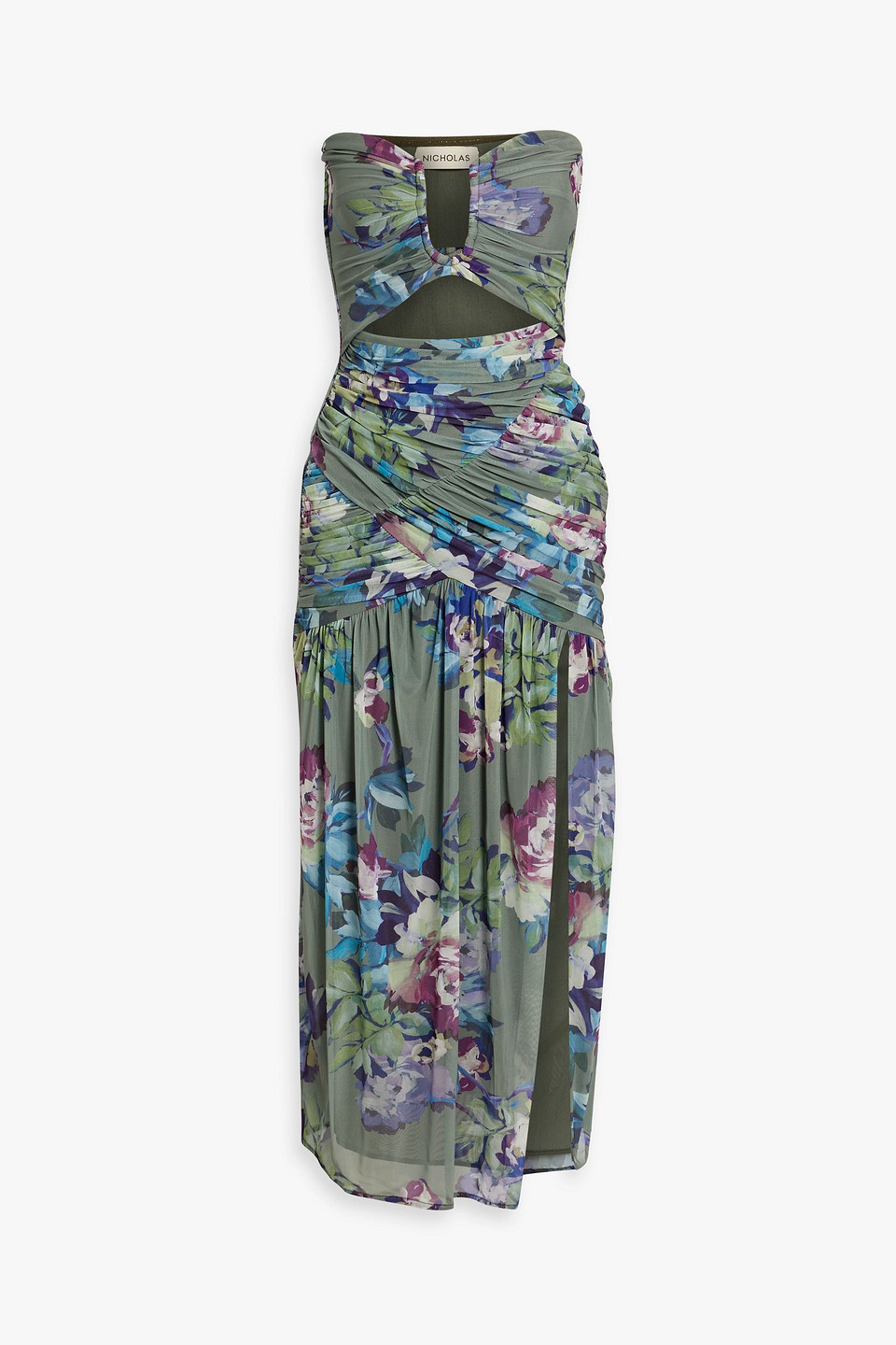 Nicholas Morgan Strapless Floral-print Stretch-tulle Midi Dress In Army Green