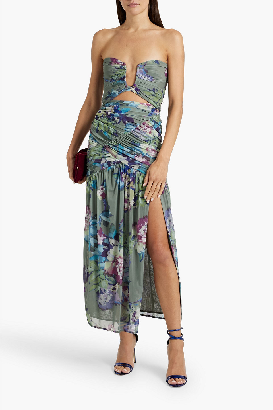 NICHOLAS STRAPLESS FLORAL-PRINT STRETCH-TULLE MIDI DRESS