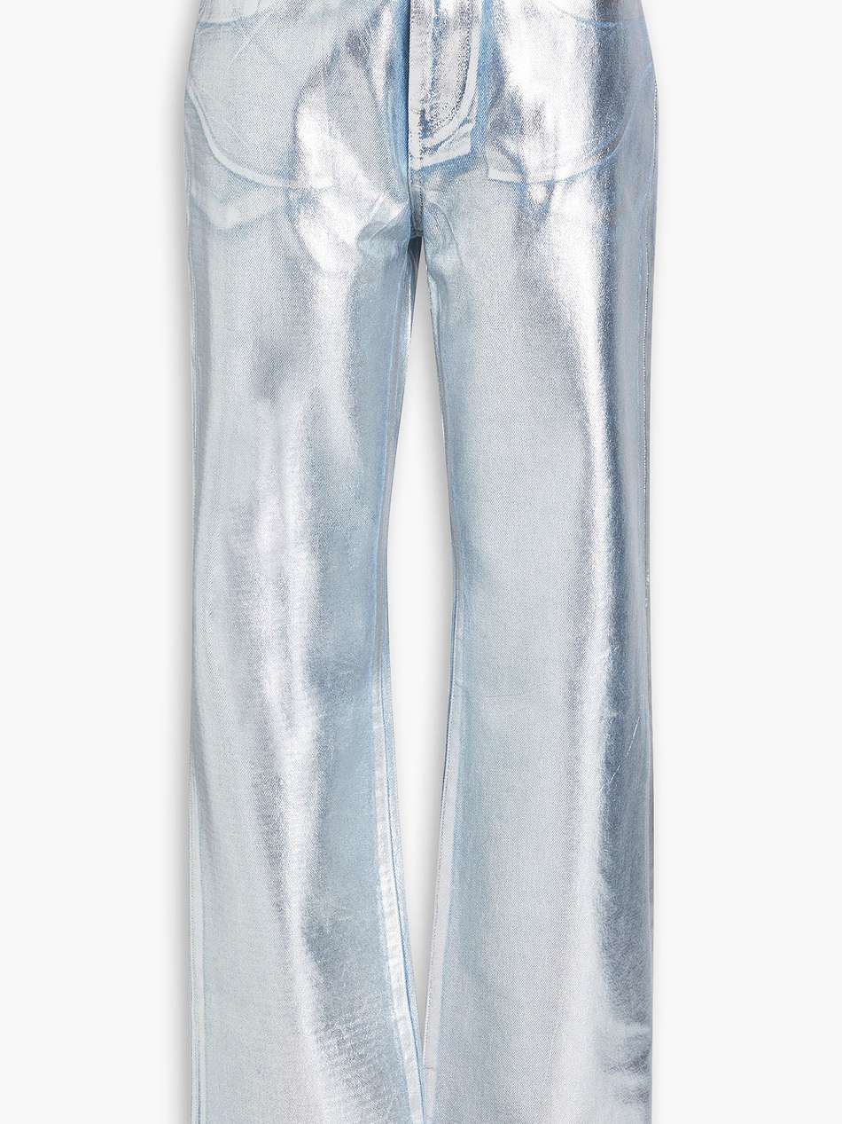 coated metallic high-rise bootcut jeans