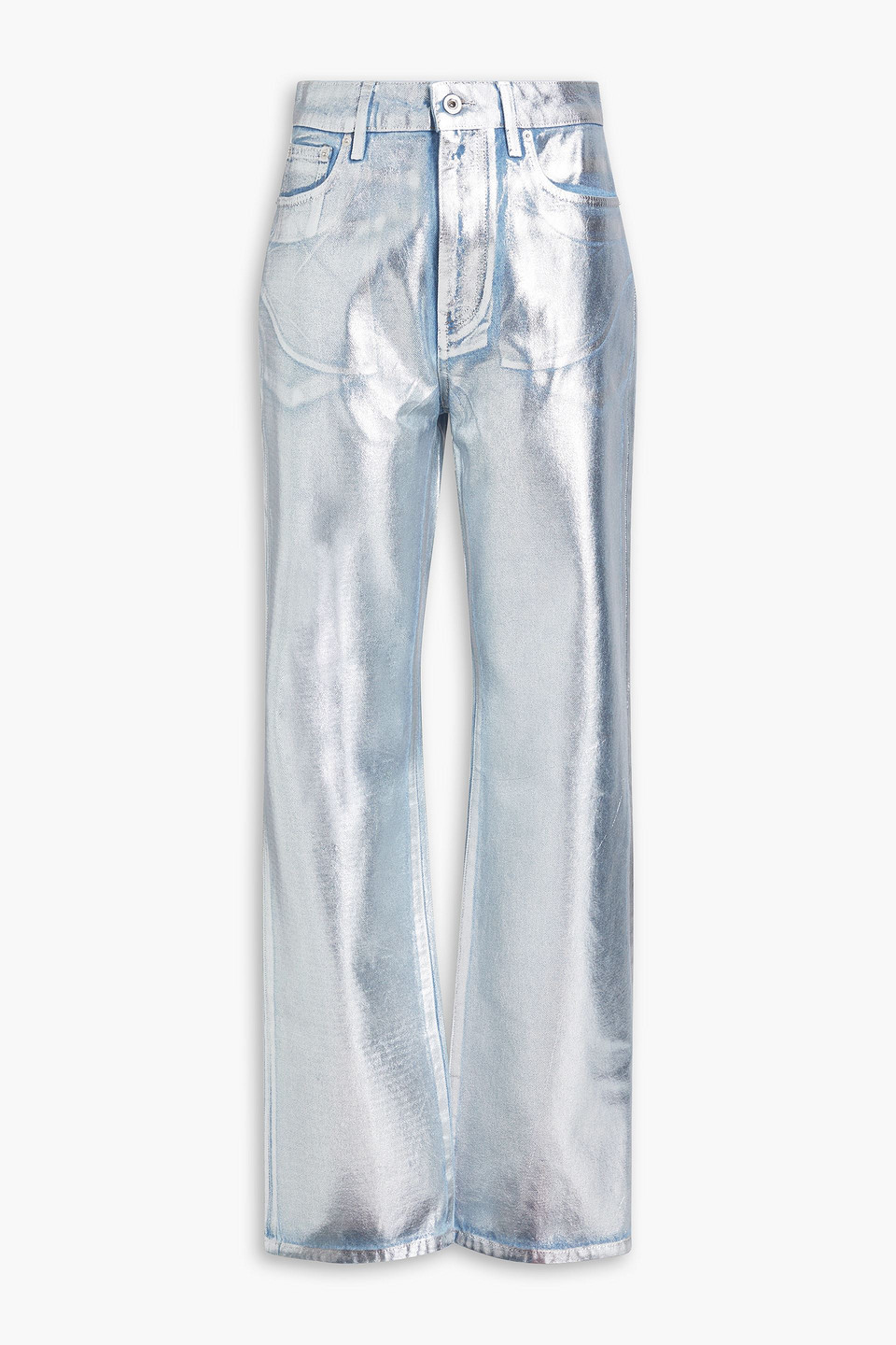 Coated metallic high-rise bootcut jeans