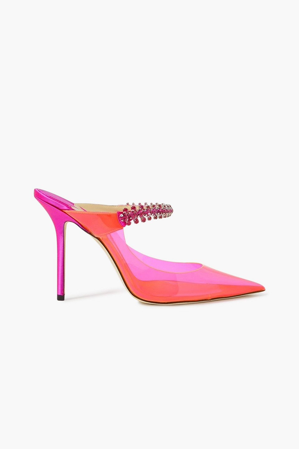 Jimmy Choo Bing 100 Neon Pvc And Crystal-embellished Satin Mules In Bright Pink