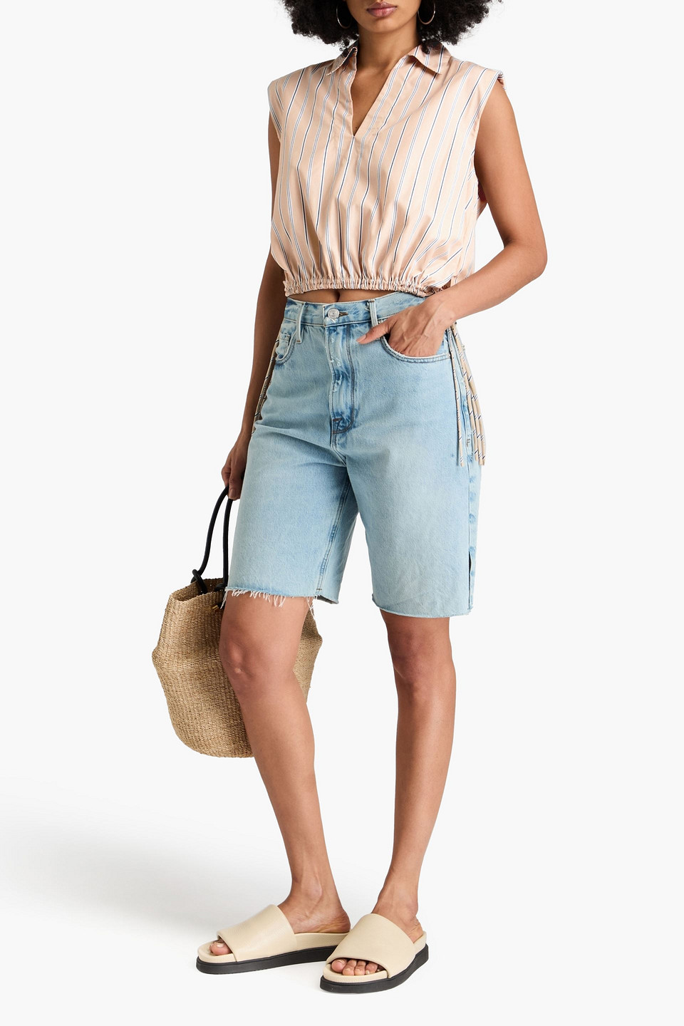 Rag & Bone Fiona Cropped Striped Cotton-poplin Blouse In Beige