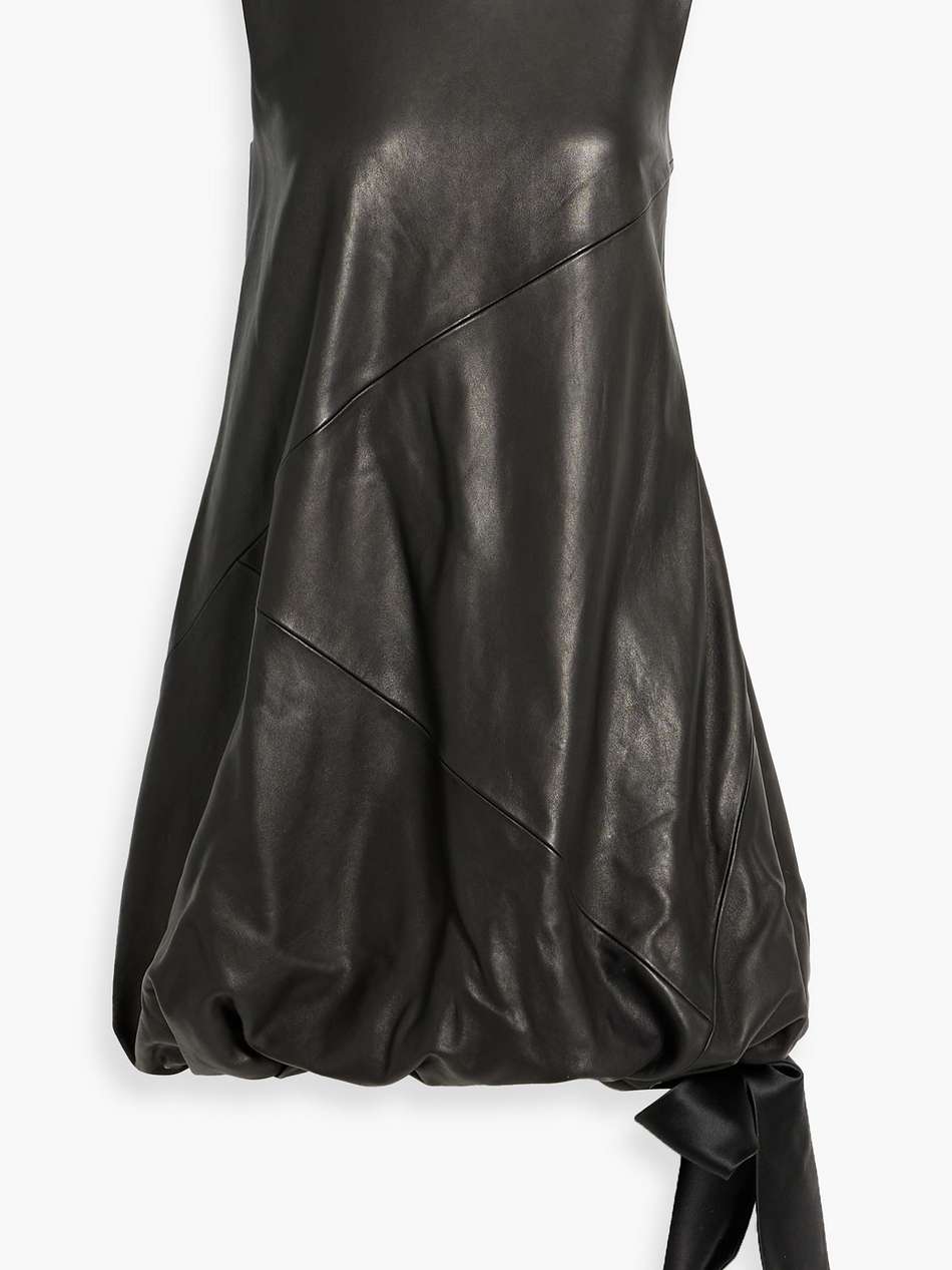 satin-trimmed gathered leather mini dress
