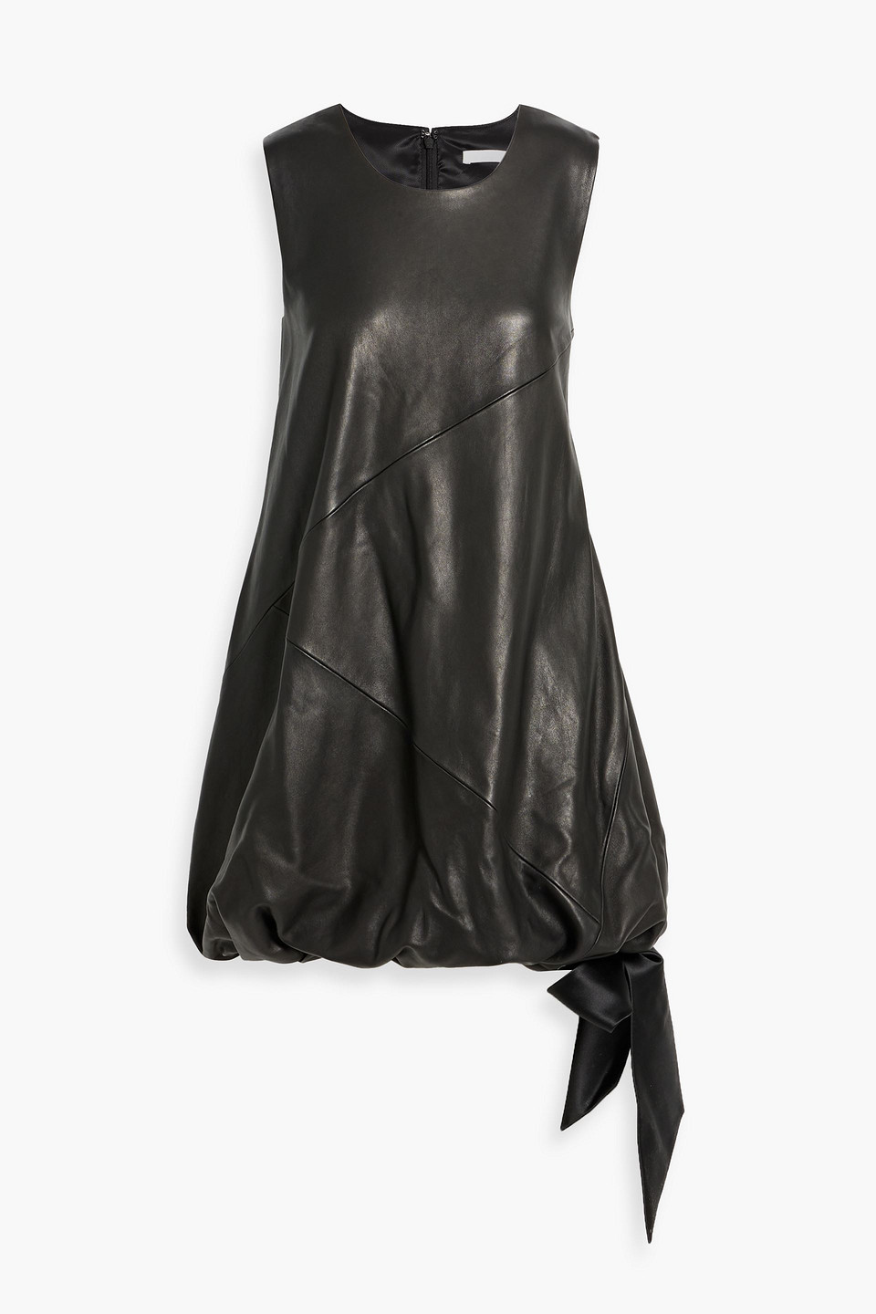 Satin-trimmed gathered leather mini dress