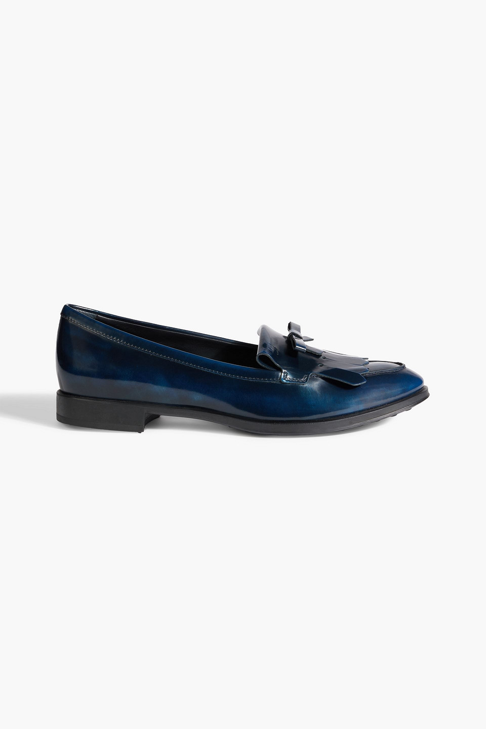 Tod's Bow-detailed Fringed Glossed-leather Loafers In Royal Blue