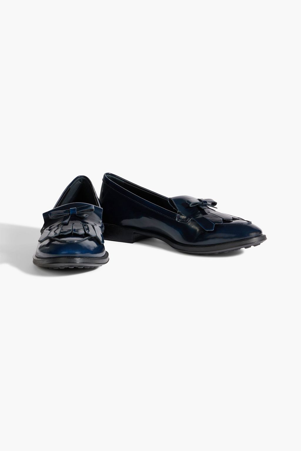 TOD'S Bow-detailed fringed glossed-leather loafers