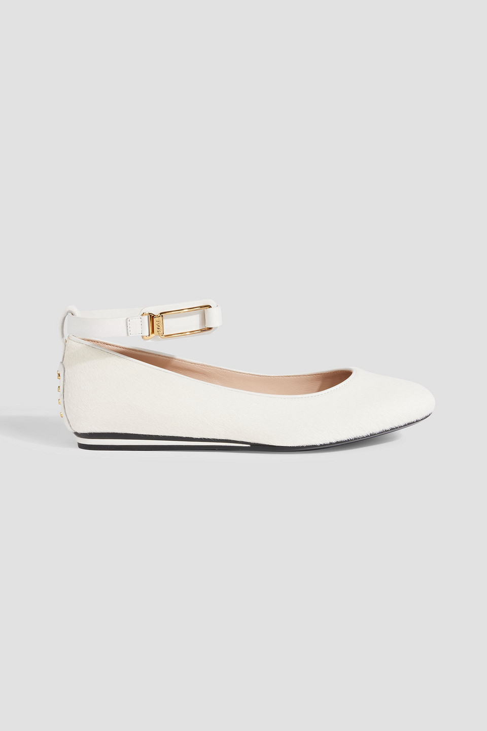 Tod's Studded Leather-trimmed Calf-hair Ballet Flats In Off-white