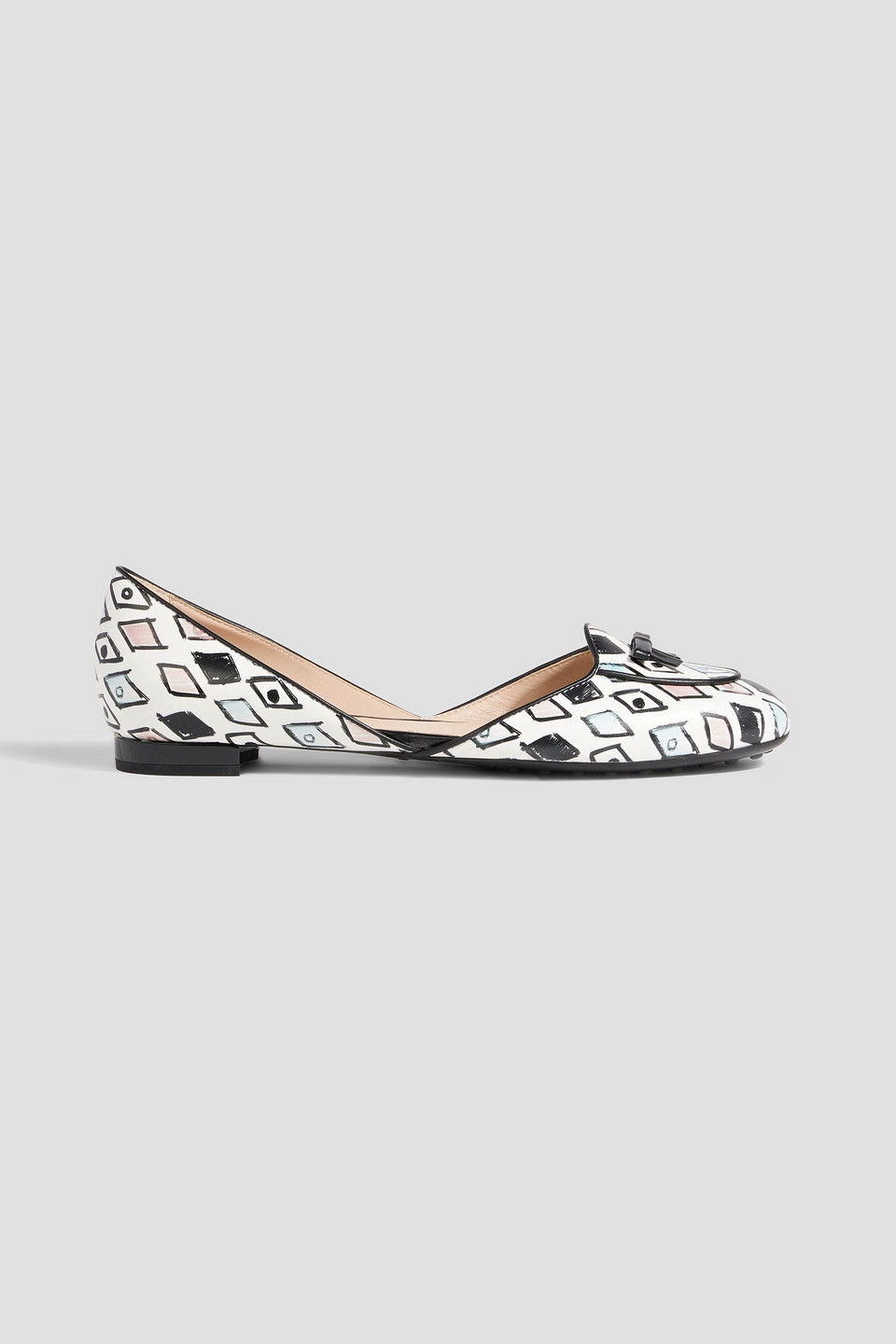 Tod's Bow-detailed Printed Leather Ballet Flats In White