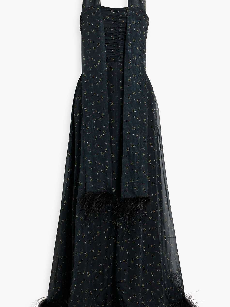 lola strapless ruched floral-print chiffon gown